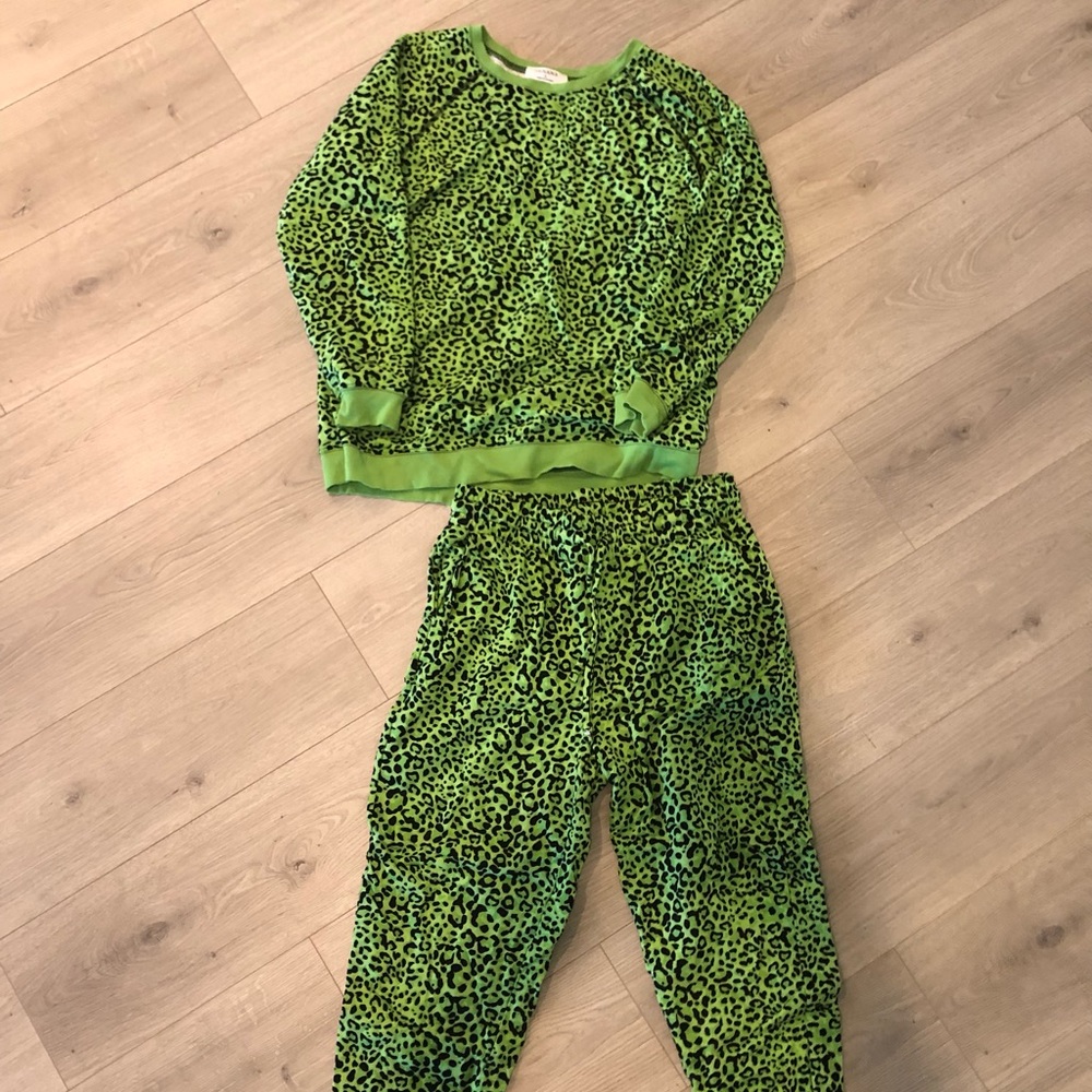 Zenana French Terry Green Leopard Jogger & Sweatshirt Set Sz L